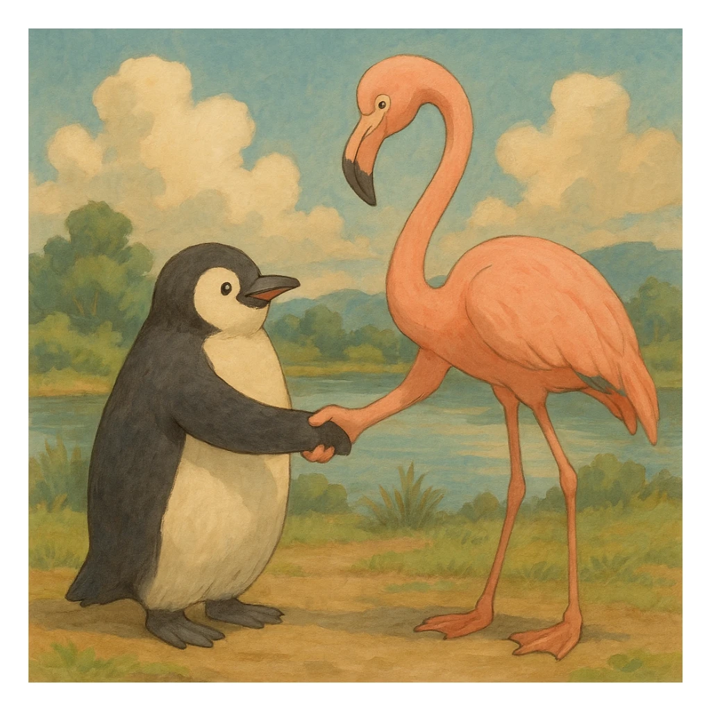 penguin and flamingo shaking hands, soft colors, no text sticker