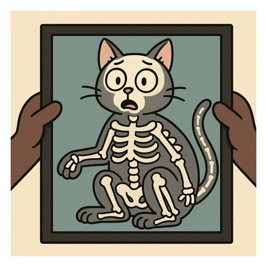 x-ray results of a cat, cartoon style, simplified bones, light background sticker