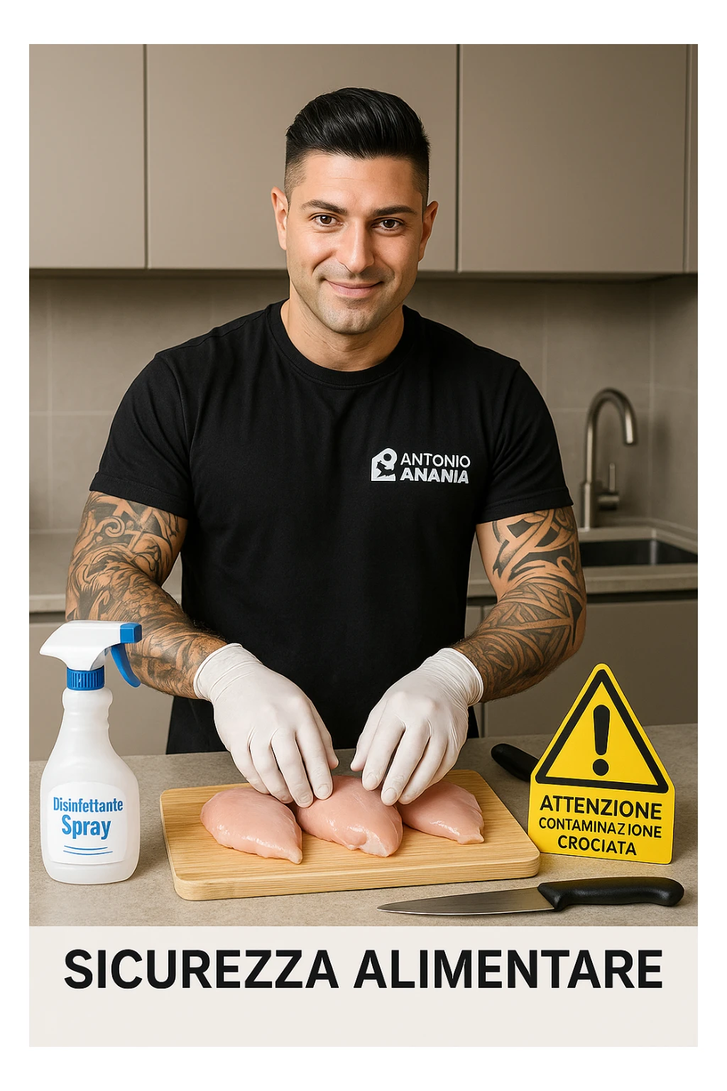 a man person in a modern kitchen handles raw chicken breasts on a cutting board, wearing disposable gloves. Nearby, a bottle of disinfectant spray, a separate knife for vegetables, and a warning sign about cross-contamination are clearly visible. The mood is educational, emphasizing safe food handling. in italiano sticker
