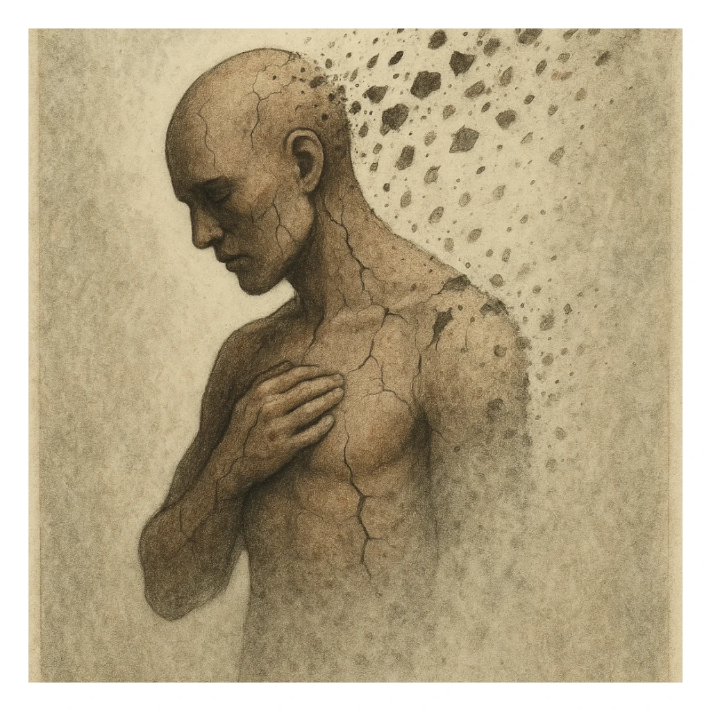 symbolic and realistic illustration of a stylized human figure self-destructing, with body parts dissolving or fragmenting, cracks and fading, educational and respectful tone, no explicit details sticker