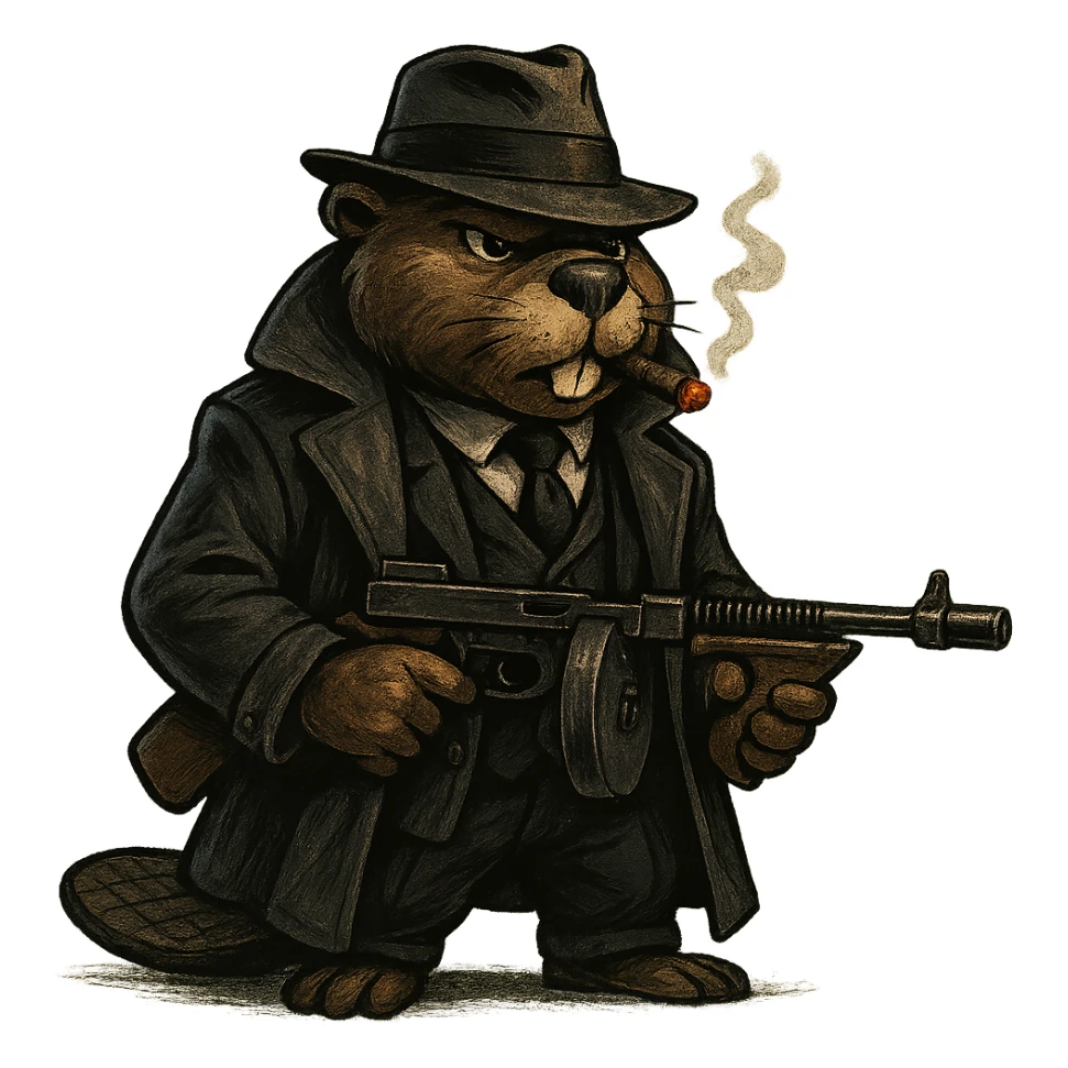 tough anthropomorphic beaver dressed as a 1920s gangster, wearing a dark trench coat, black three-piece suit, white dress shirt, black tie, and a fedora hat tilted forward, lit cigar in mouth, holding a vintage Tommy gun, standing confidently, dramatic lighting, gritty noir tone, realistic cartoon style, transparent or simple background sticker