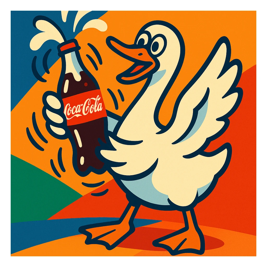a goose shaking a Coca Cola bottle, vibrant and playful sticker