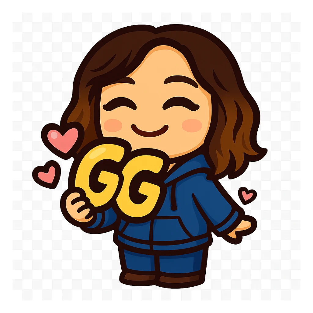 Sticker style chibi emote, matching the attached green heart emote as a base. Woman from reference, blue hoodie and jeans, holding a large, bubbly 'GG' sign with hearts, cute happy face, no headband, no wand, transparent background. sticker