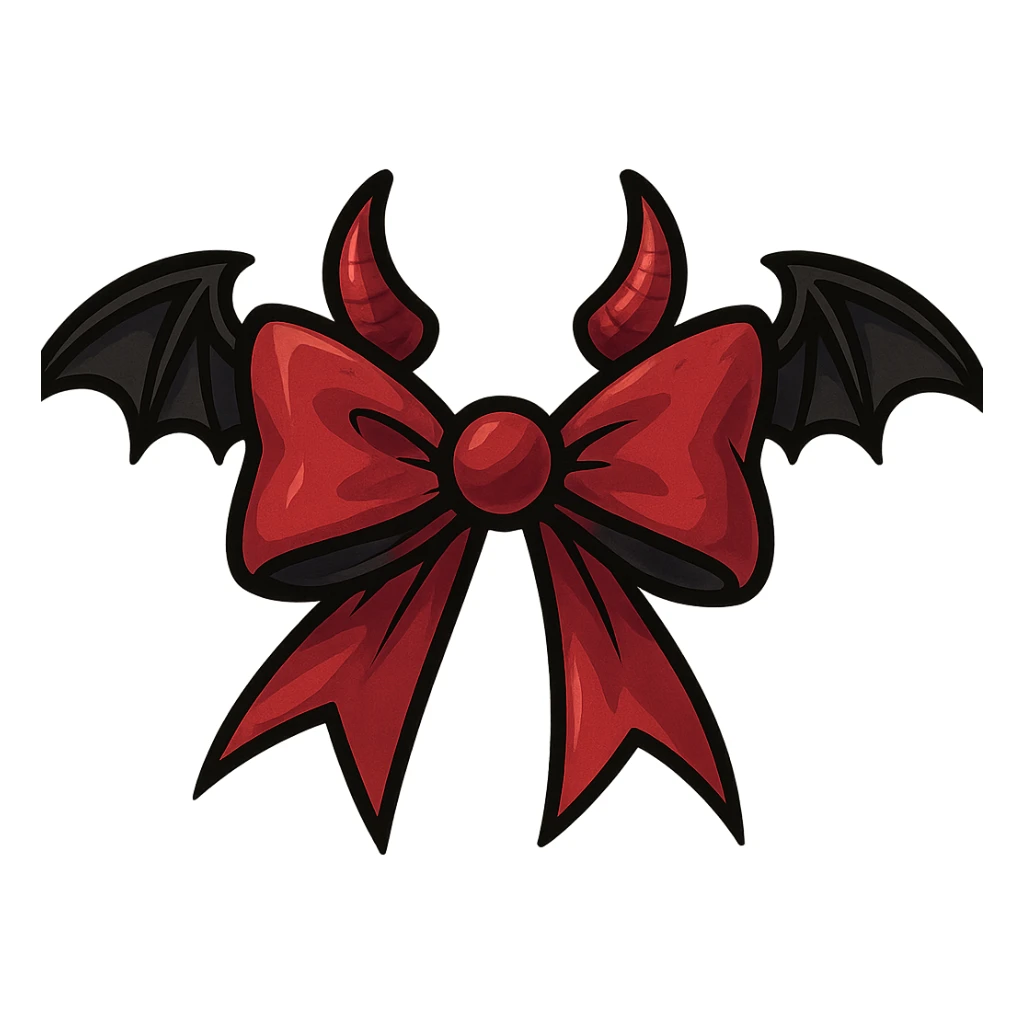 devil bow, red and black colors, small horns on the bow, pointed ends, mischievous vibe, bat wings sticker