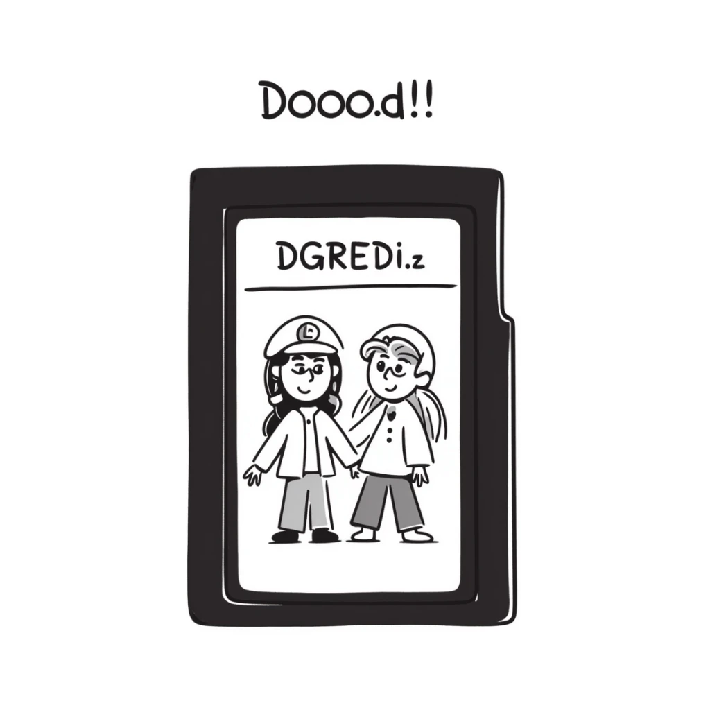 A hand-drawn Nintendo Switch game cartridge with game characters sketched on the label sticker