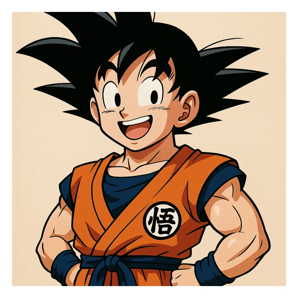 Son Goku, spiky black hair, orange martial arts gi, cheerful expression, iconic anime style sticker