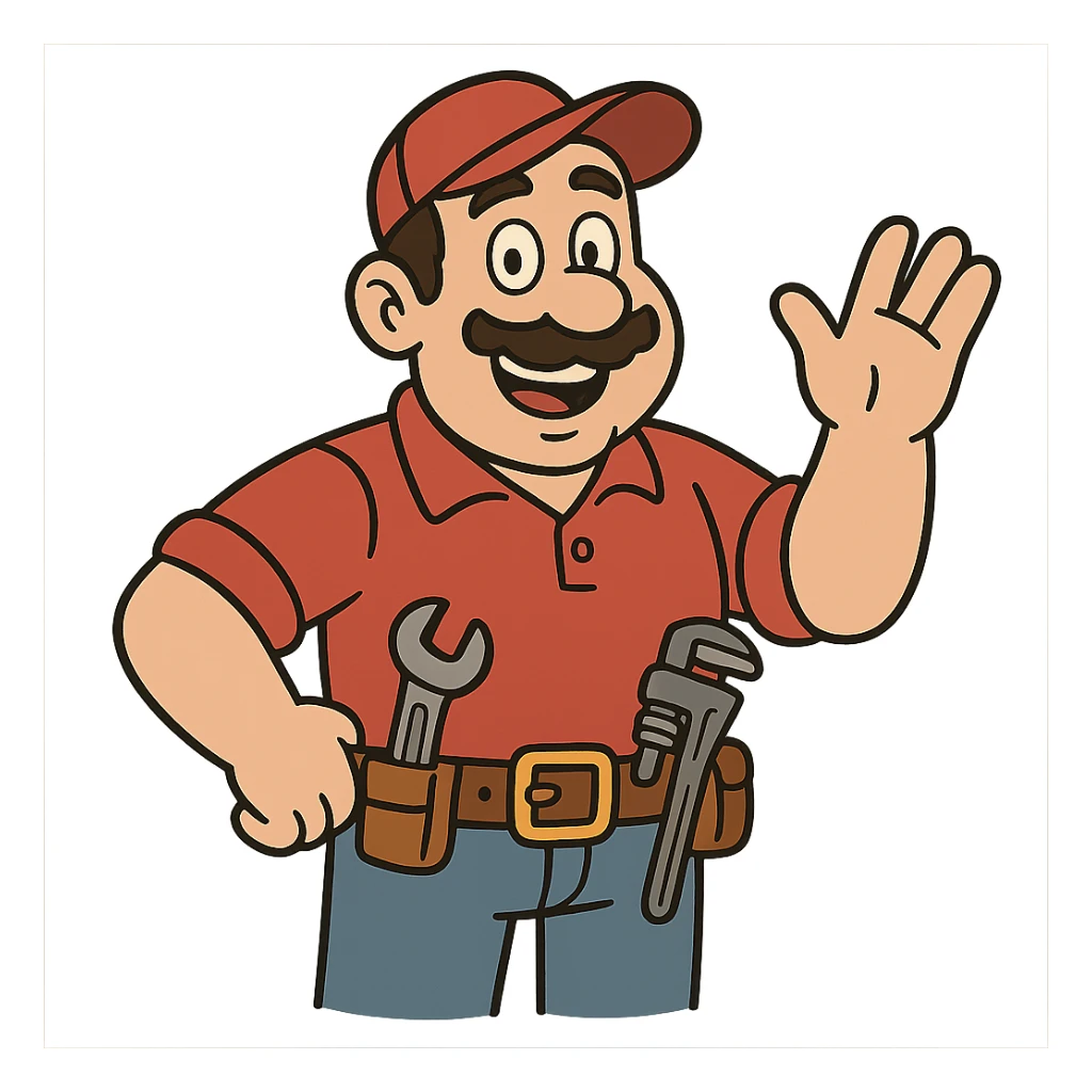 a plumber, red shirt, tool belt, smiling, cartoon style, white background sticker