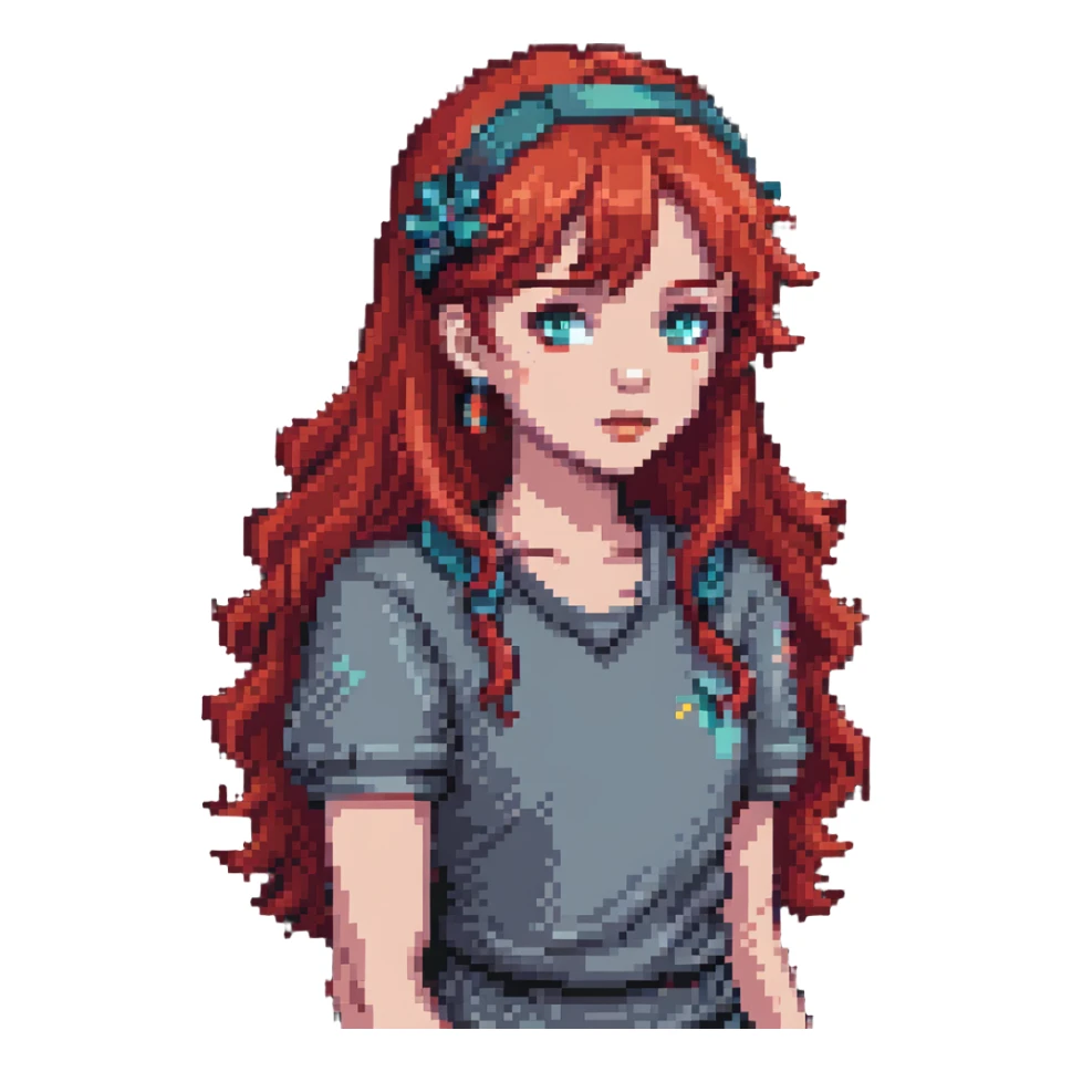 Y2K girl with red hair, pixel art style sticker