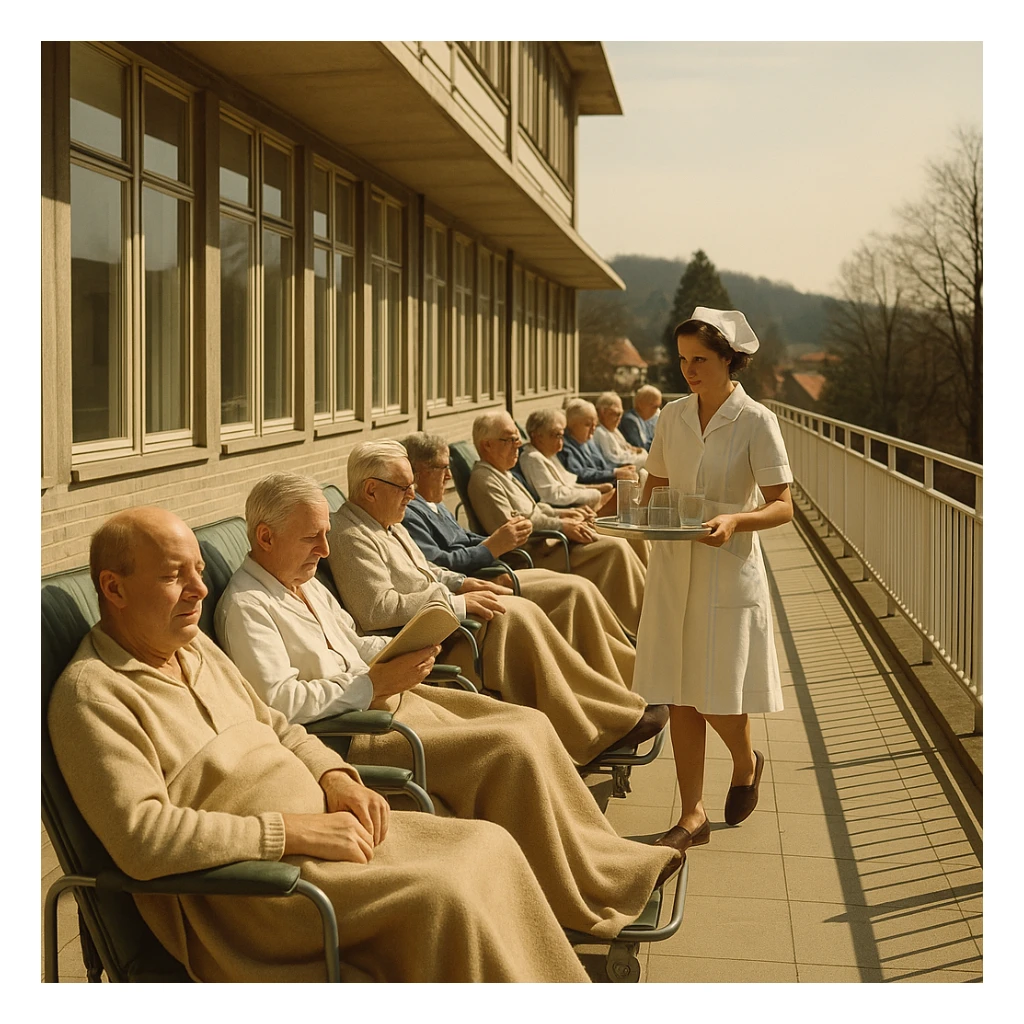 1960s hospital terrace with patients covered with blankets on their legs sunbathing, some reading or chatting, nurse distributing water, serene and therapeutic atmosphere, realistic details, warm sunlight, 4K quality sticker
