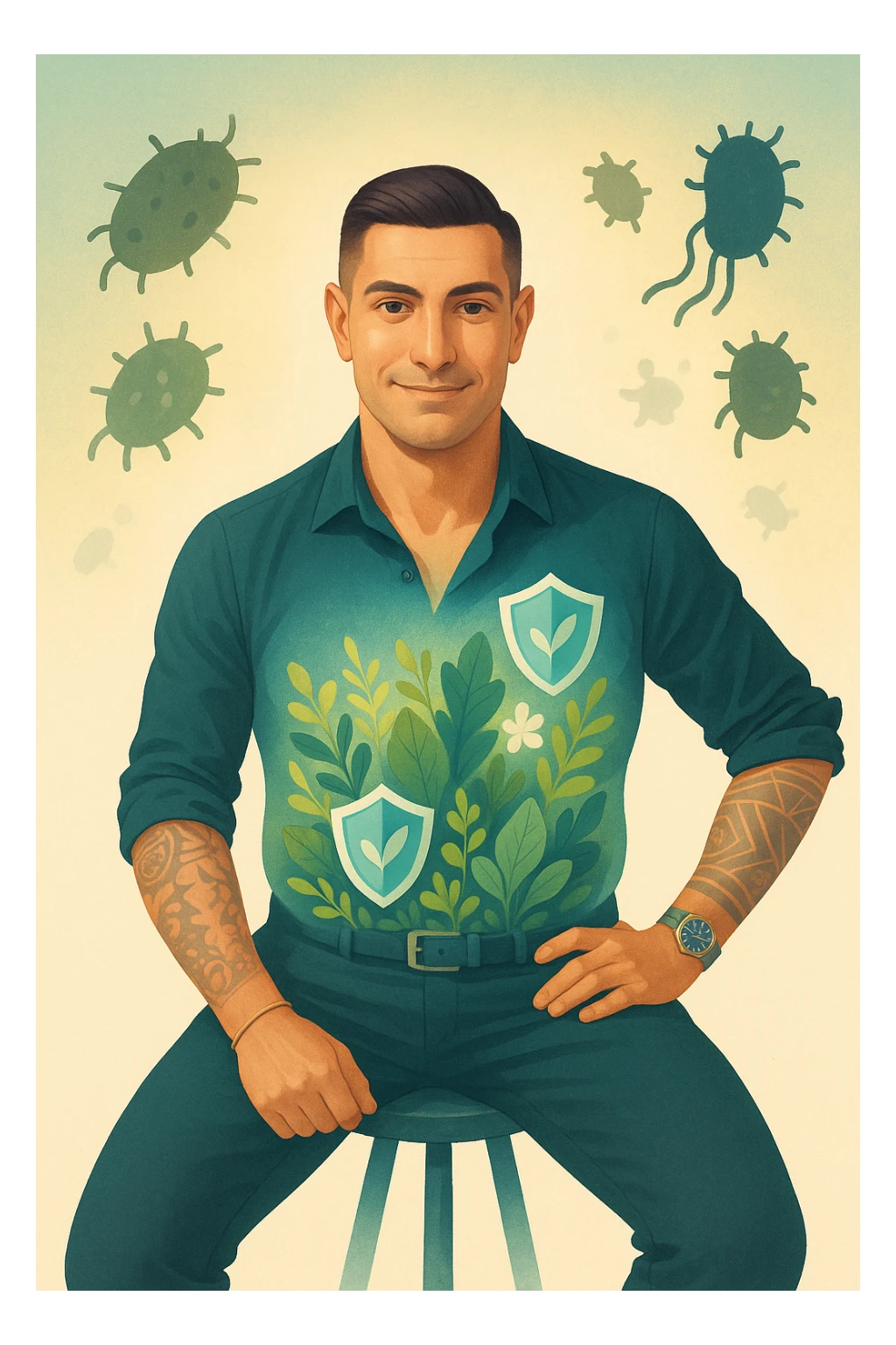 Verticale: uomo rilassato, addome con simboli di scudo e flora intestinale rigogliosa, piccoli parassiti stilizzati che vengono allontanati, colori rassicuranti. sticker