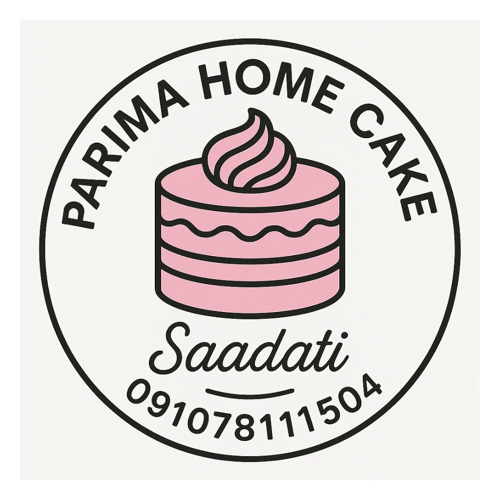 Modify the logo to correct the name to 'Parima', make it circular with a white background, and ensure the cake illustration and text are in pink. The style should be a lineal color icon with black outlines. sticker
