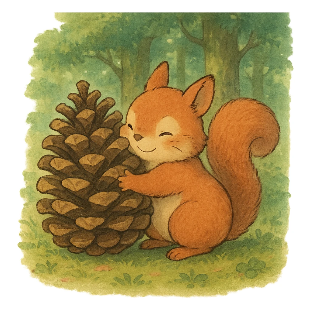 squirrel hugging a giant pine cone, forest kawaii illustration, Ghibli style sticker
