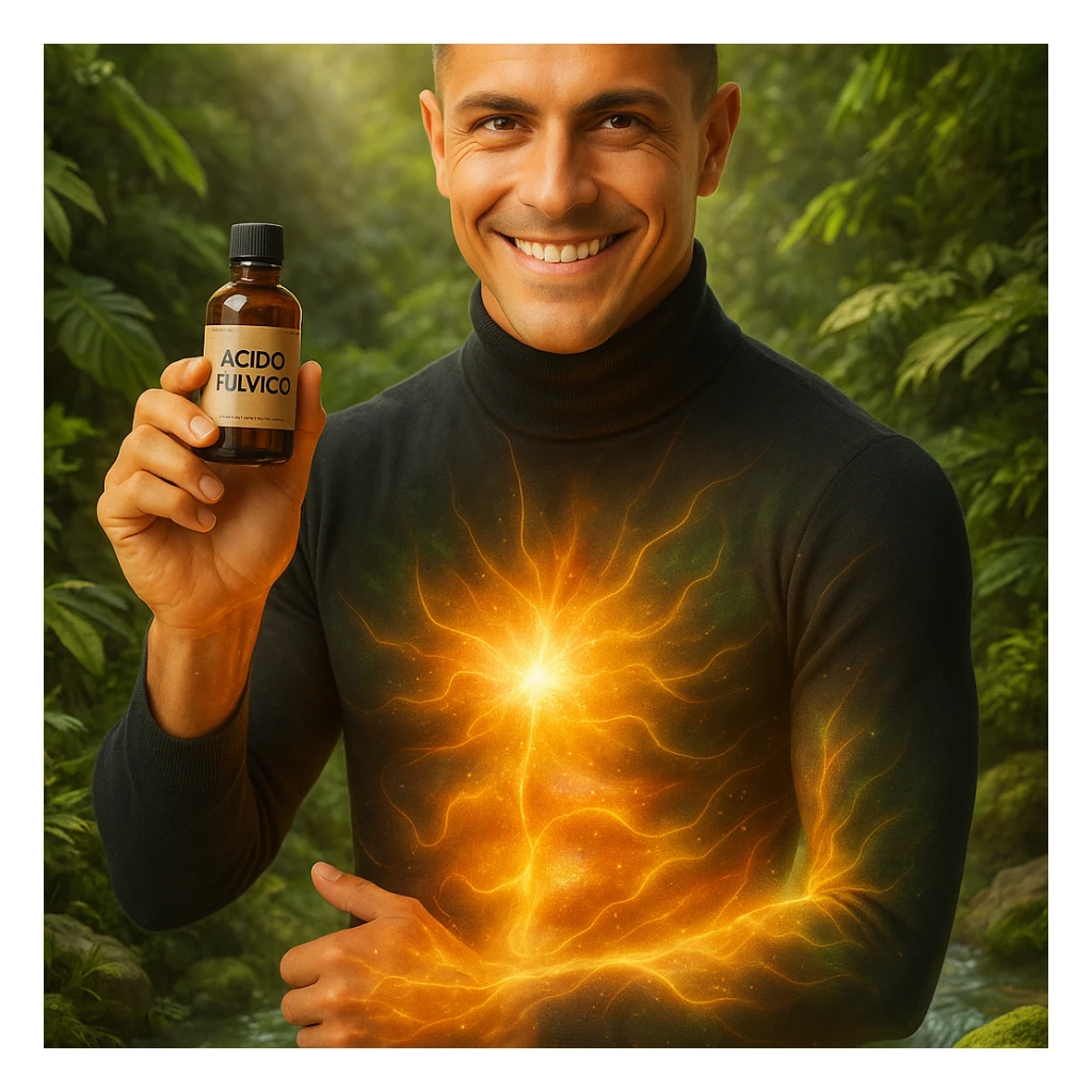 Create a vertical 9:16 wellness semi-realistic style image of a man with the face from the reference image. He is holding a bottle labeled 'acido fulvico'. Show luminous energy on the abdomen and skin. The environment is natural with wellness elements like plants and water. Include Italian text. sticker