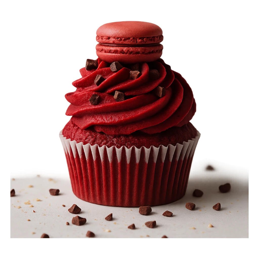 Change the icing to red velvet with a deep red, creamy texture, keep the realistic cupcake and accessories, photorealistic style, transparent background. sticker