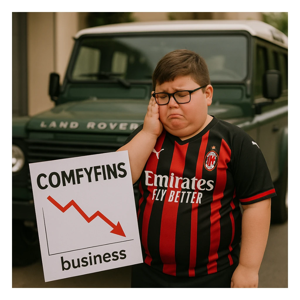 A business-minded kid, a bit fat and with glasses, in an AC Milan kit, in front of a Land Rover Defender, reacting sadly to the collapse of his business 'ComfyFins' sticker