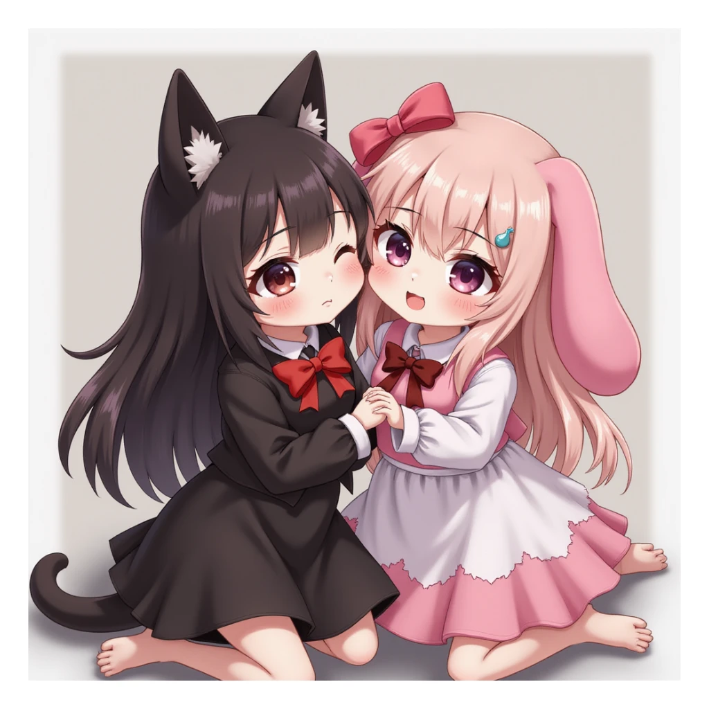 Kuromi and My Melody together, photorealistic style, playful pose, detailed textures, studio background sticker