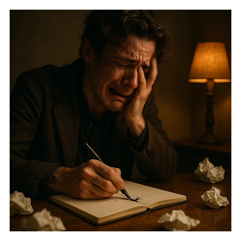 A writer sitting at a wooden desk, crying while writing in a notebook. The room is dimly lit with a single warm lamp. Crumpled papers scattered around. The writer looks emotional, overwhelmed by feelings. Tears falling on the paper, ink smudging. Artistic, cinematic atmosphere. sticker