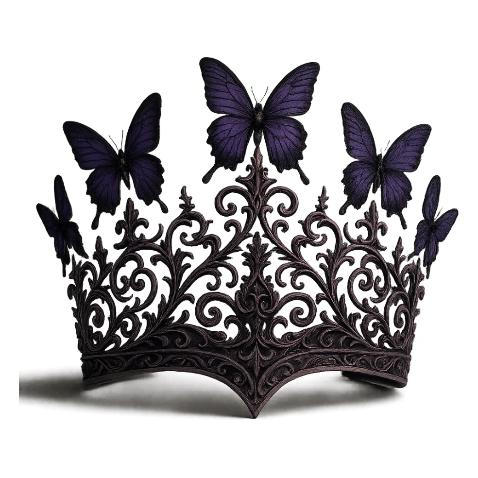 mysterious and elegant butterfly crown, matte pink with purple butterflies, gothic filigree, transparent background sticker