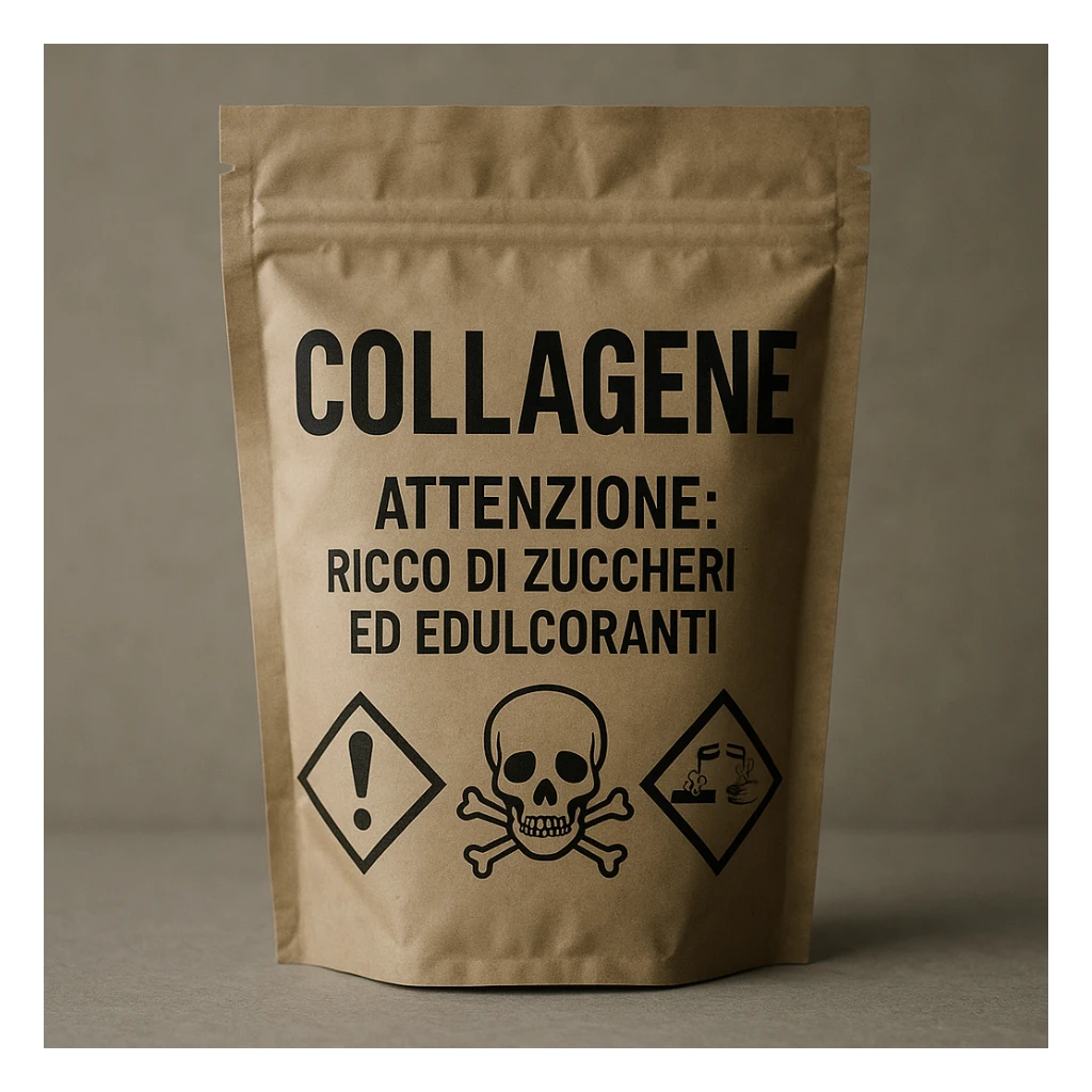 realistic collagen package labeled in Italian with text 'Attenzione: ricco di zuccheri ed edulcoranti', negative atmosphere, danger and poison symbols, skull, neutral background sticker