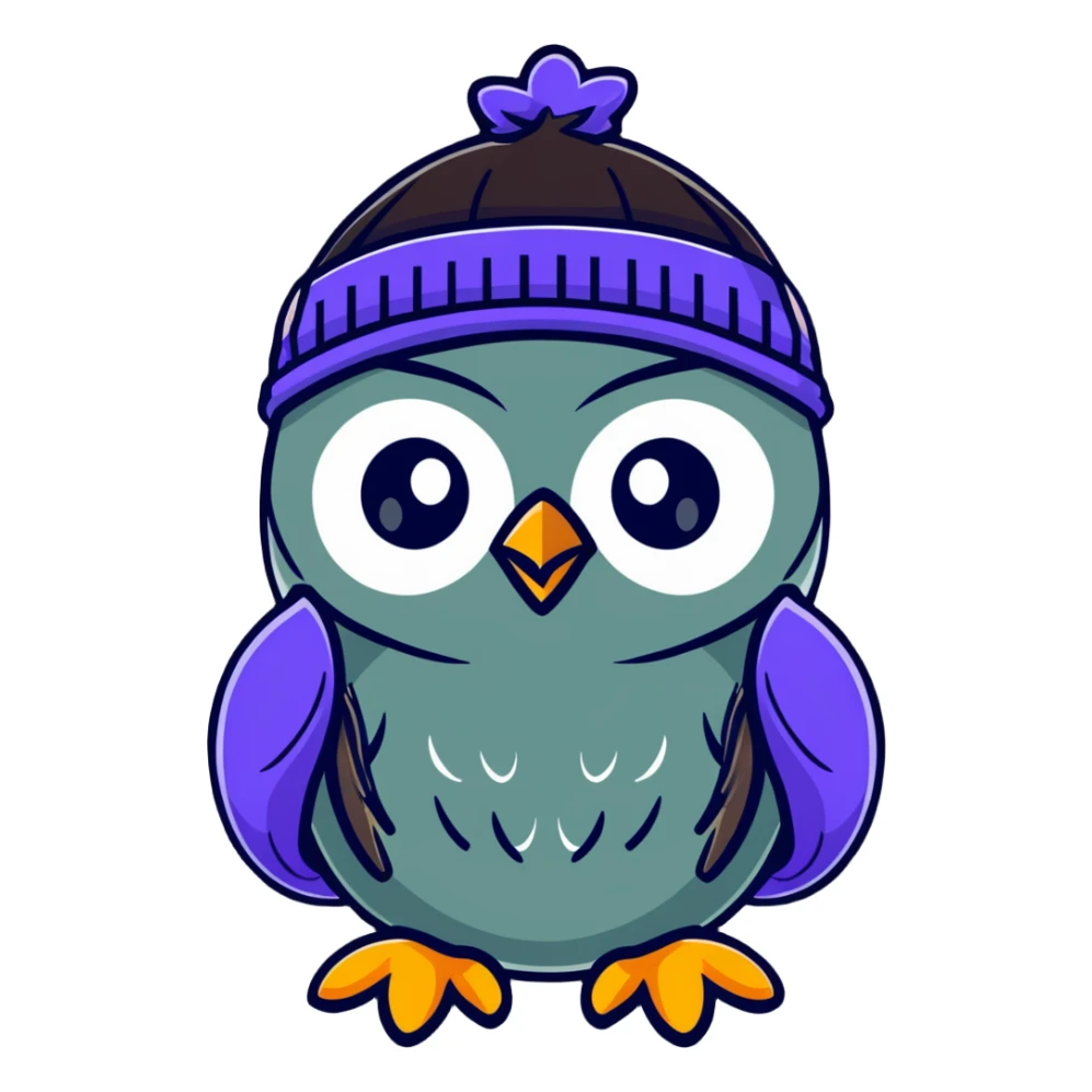 Abstract nice  owl with shiny feathers. With a knitted hat in head  sticker