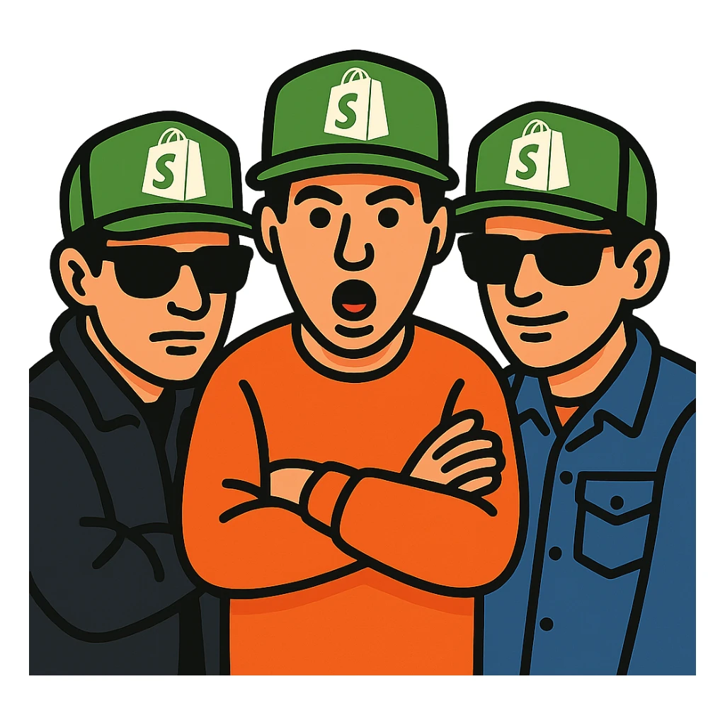 the Beastie Boys wearing hats with the Shopify logo sticker