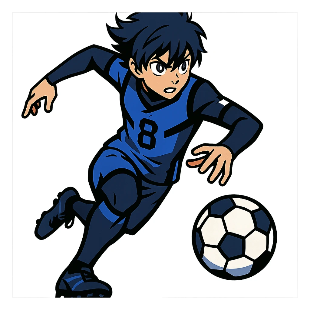 anime soccer player inspired by Blue Lock, dynamic pose, blue and black uniform sticker