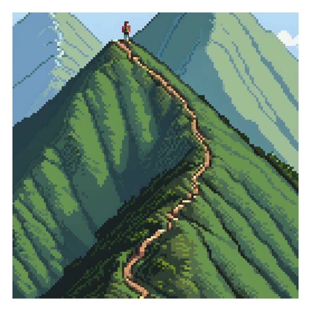 person traversing down one mountain and up another mountain, showing path through a valley sticker