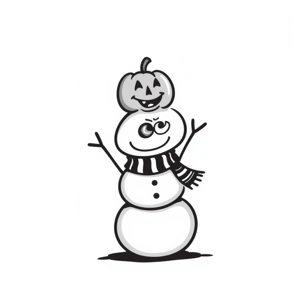 a snowman with a carved pumpkin on its head, hand drawn doodle style, whimsical and detailed sticker
