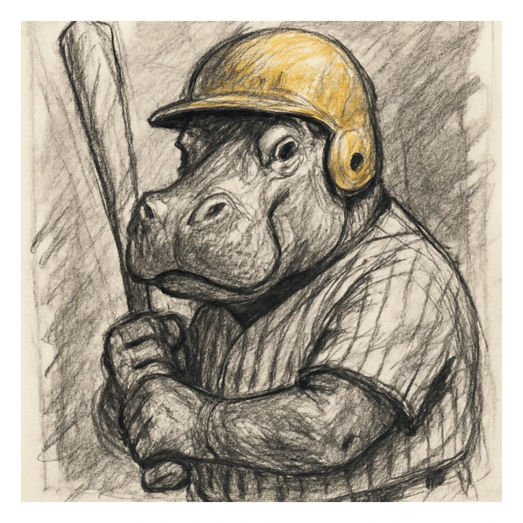 hippo holding a baseball bat, wearing a yellow helmet, pinstripes outfit sticker