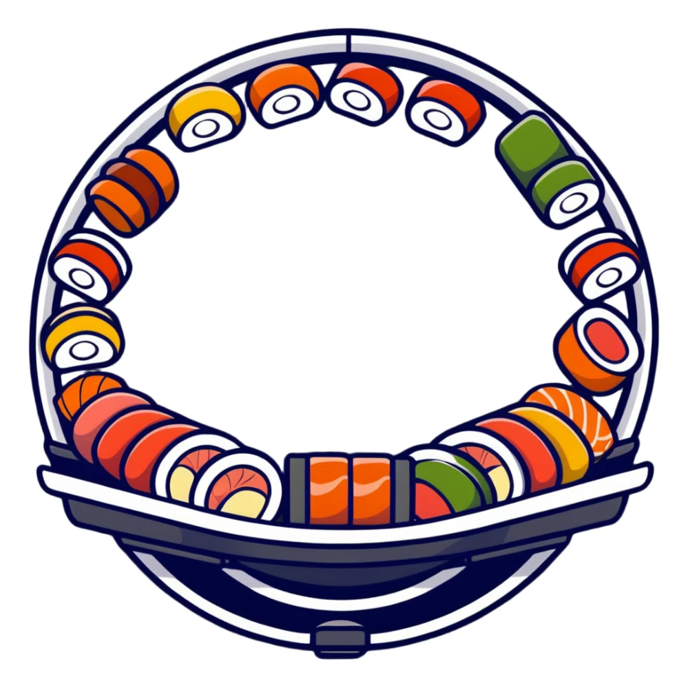 rotating sushi conveyor belt restaurant with colorful sushi plates sticker