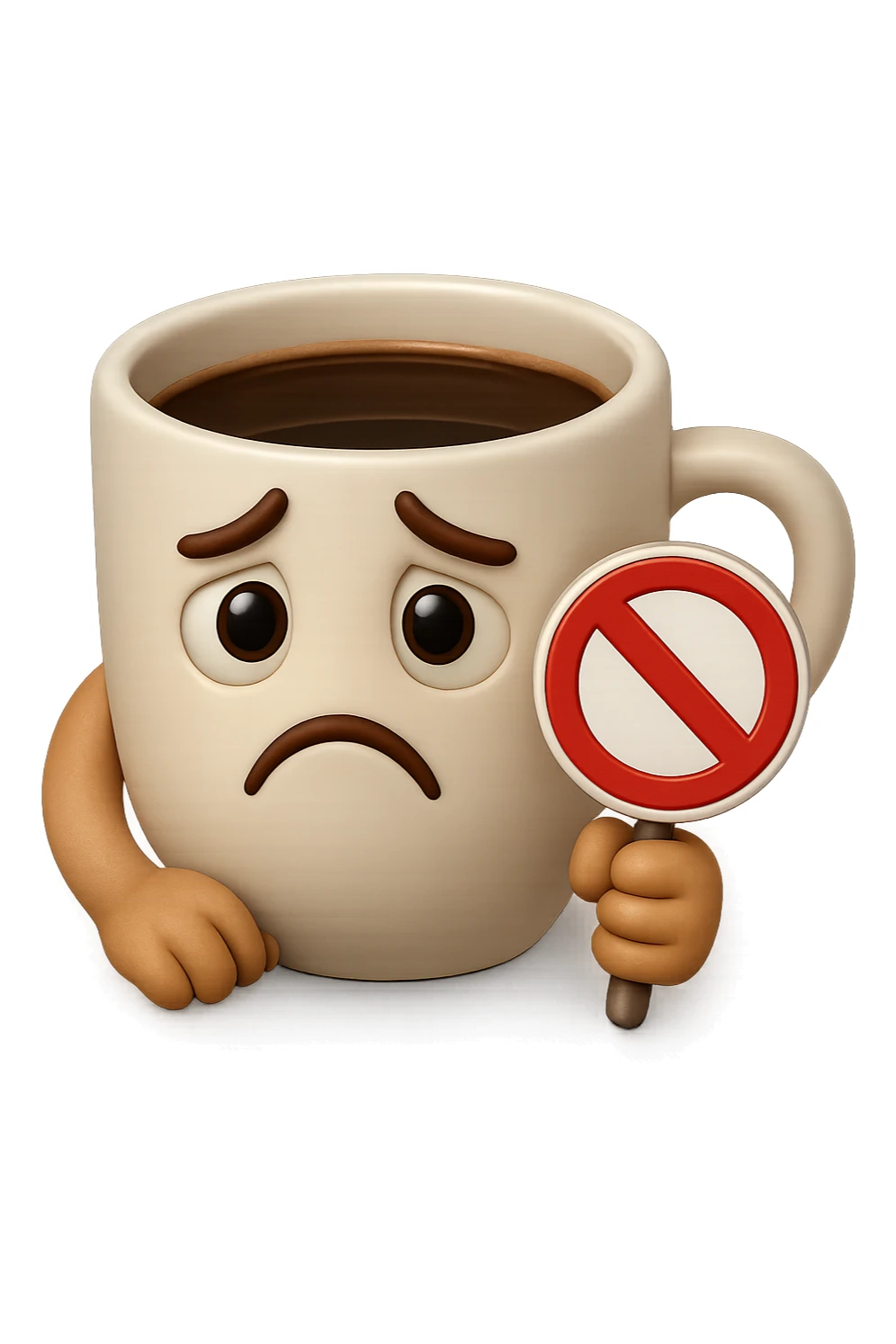 emoji stile iphone di una tazzina di caffè con espressione triste in volto mentre tiene un divieto in mano, iperrealistico 4k sticker