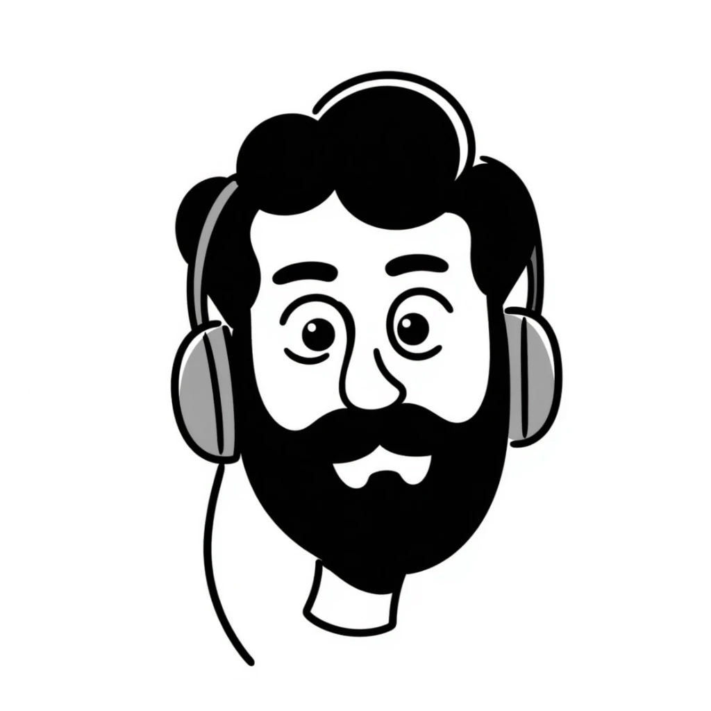 A person with black hair, brown eyes, a black beard, wearing a gaming headset sticker