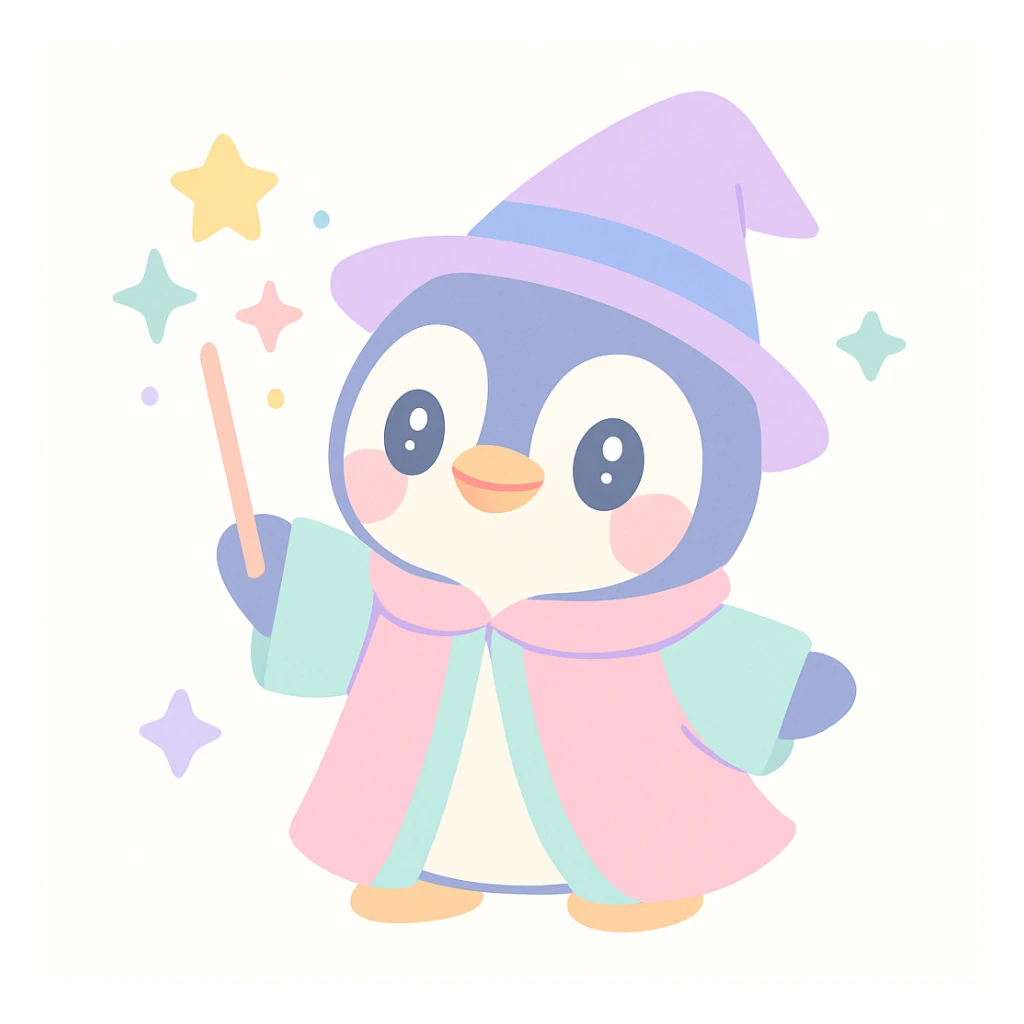 a cute penguin wizard casting a spell, wearing a robe and holding a wand, magical sparkles around sticker