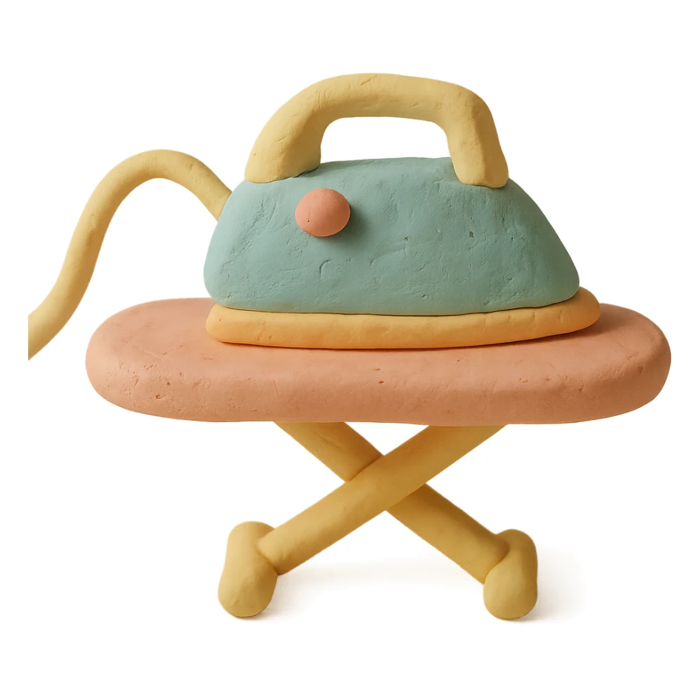 iron and ironing board in claymation style, pastel colors, visible fingerprints, soft matte finish sticker