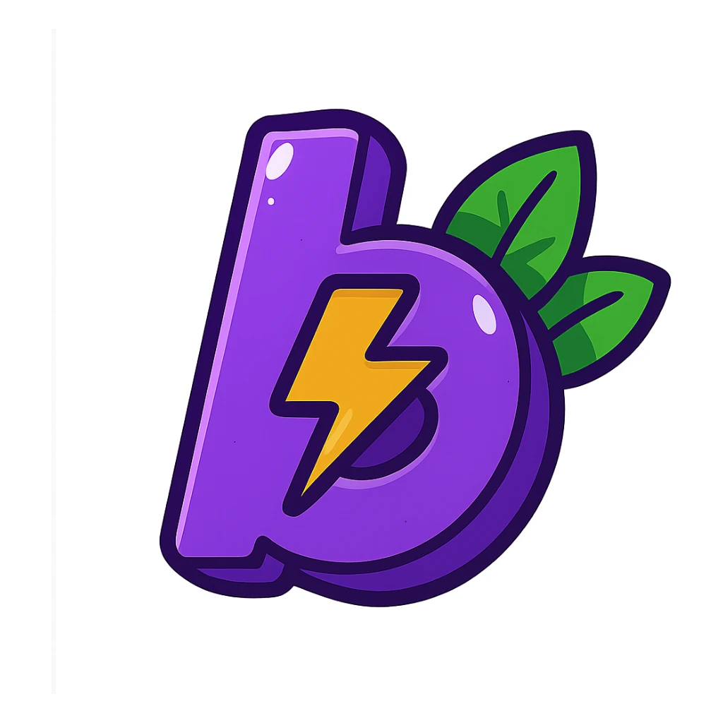 plump vibrant Boosty logo cartoon style purple 'b' with lightning bolt cutout bold outline expressive shadows glossy highlights no background bright leaves arranged neatly behind logo one side slightly higher other slightly lower not symmetrical sticker