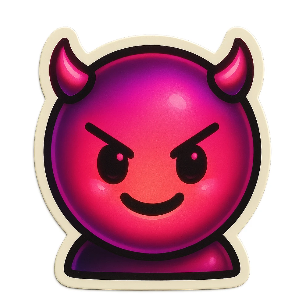devil emoji, neon pink and black colors, tiny horns, cute but mischievous expression, chibi style, neon palette, vibrant neon style sticker