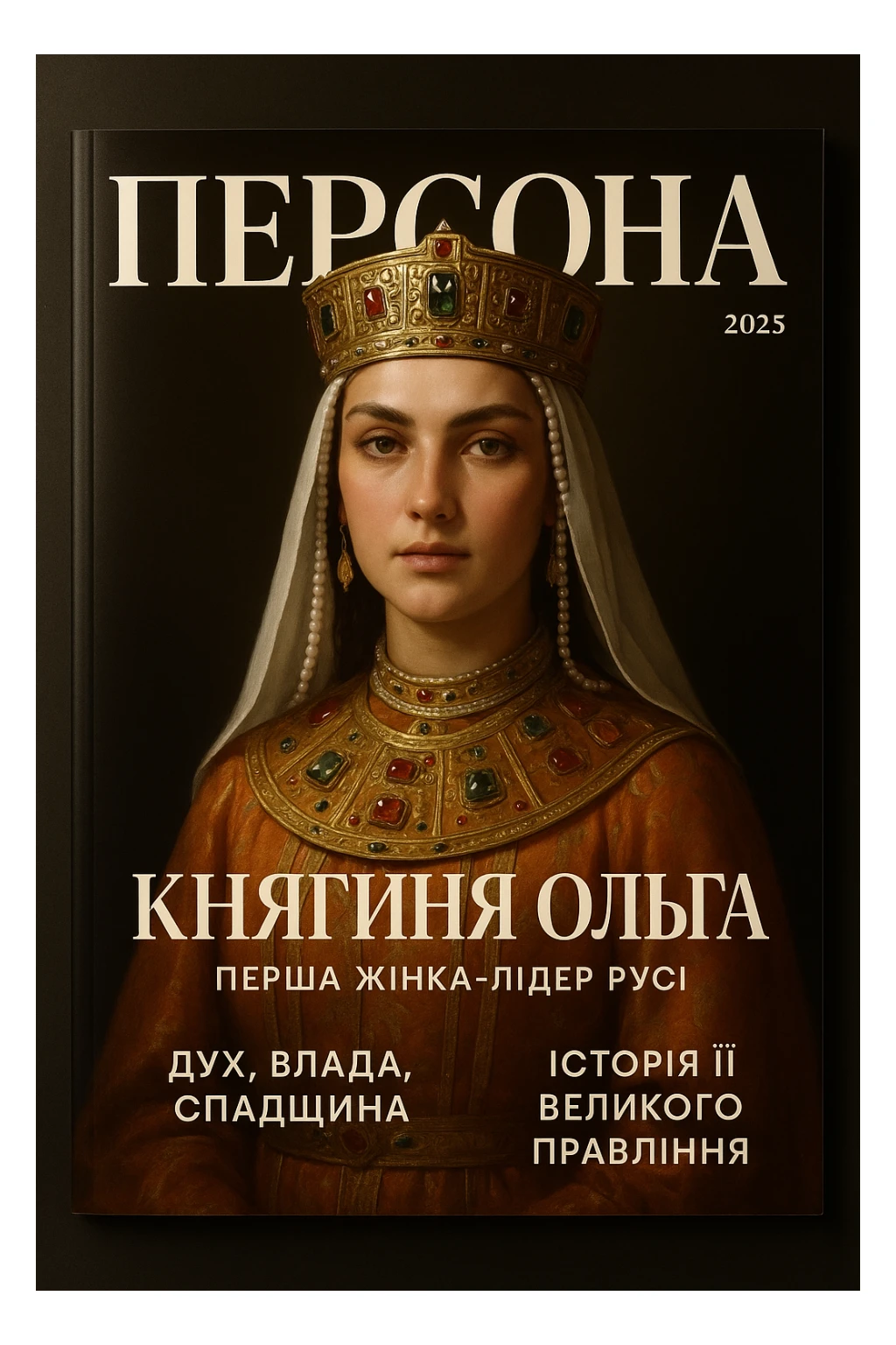 Create a glamorous, ultra-realistic magazine cover titled "Персона"
The cover features Princess Olga from the downloaded image.
The cover design should be bright with elegant typography.
Add the title: "Княгиня Ольга", the subtitle: "Перша жінка-лідер Русі", and the release date: "2025".
Include additional subheadings and a well-thought-out layout.
Premium lighting, dramatic shadows, rich colour correction, glossy paper texture, minimalist background, focus on the character and typography in the spirit of glossy publications. sticker