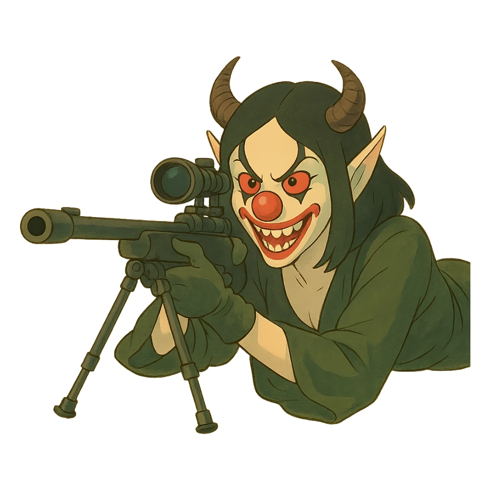Evil clown assassin, prone and aiming a sniper rifle, ghibli-inspired style, soft shading, painterly, expressive, transparent background. sticker