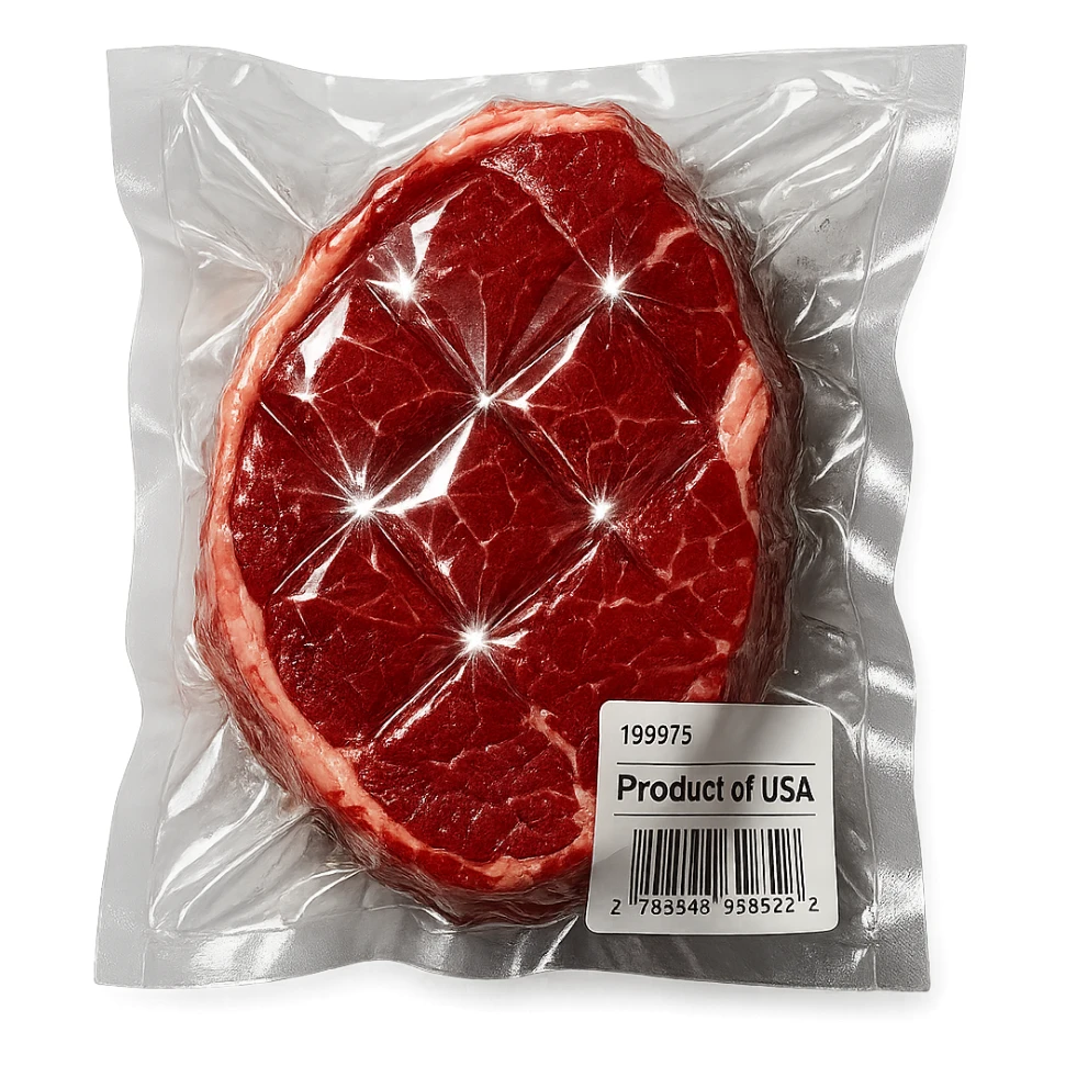 steak with diamond facets and sparkling highlights, glossy and puffy vacuum-sealed style sticker