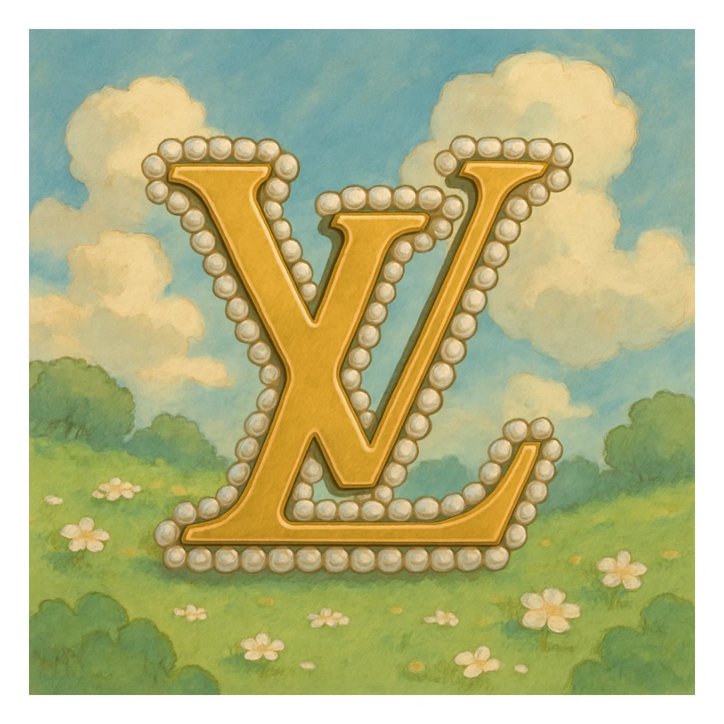 Louis Vuitton LV monogram, metallic gold, pearl border, elegant, ghibli style sticker