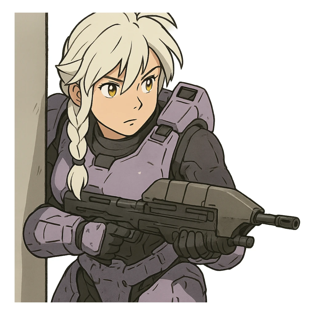 female, wearing reach spartan armor shoulder-unequip, long white braid hair with massive messy front side single bangs, gold yellow eyes, attention pose, HALO:series, no helmet, the armor is lavender color scheme, shoulder pad off. DDD bust size fitting. , peeking around a corner while aiming a classic HALO1 AR, tactical, lean sticker
