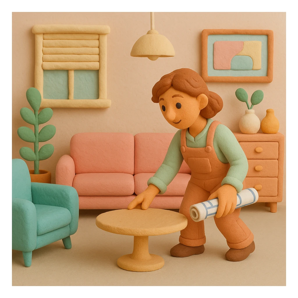 claymation style interior designer arranging furniture, pastel colors sticker