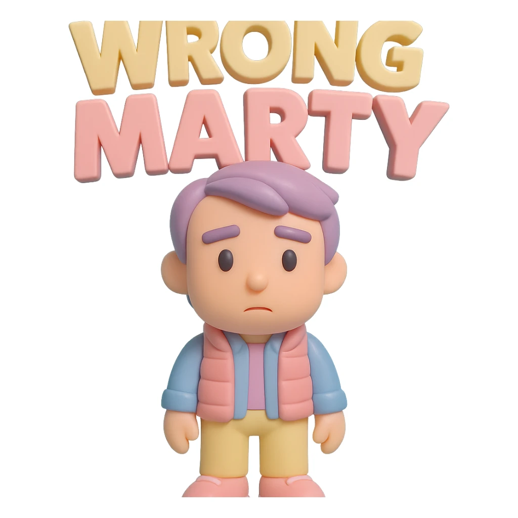 'Wrong Marty' flashy 3D text, playful and collectible vinyl figure style sticker