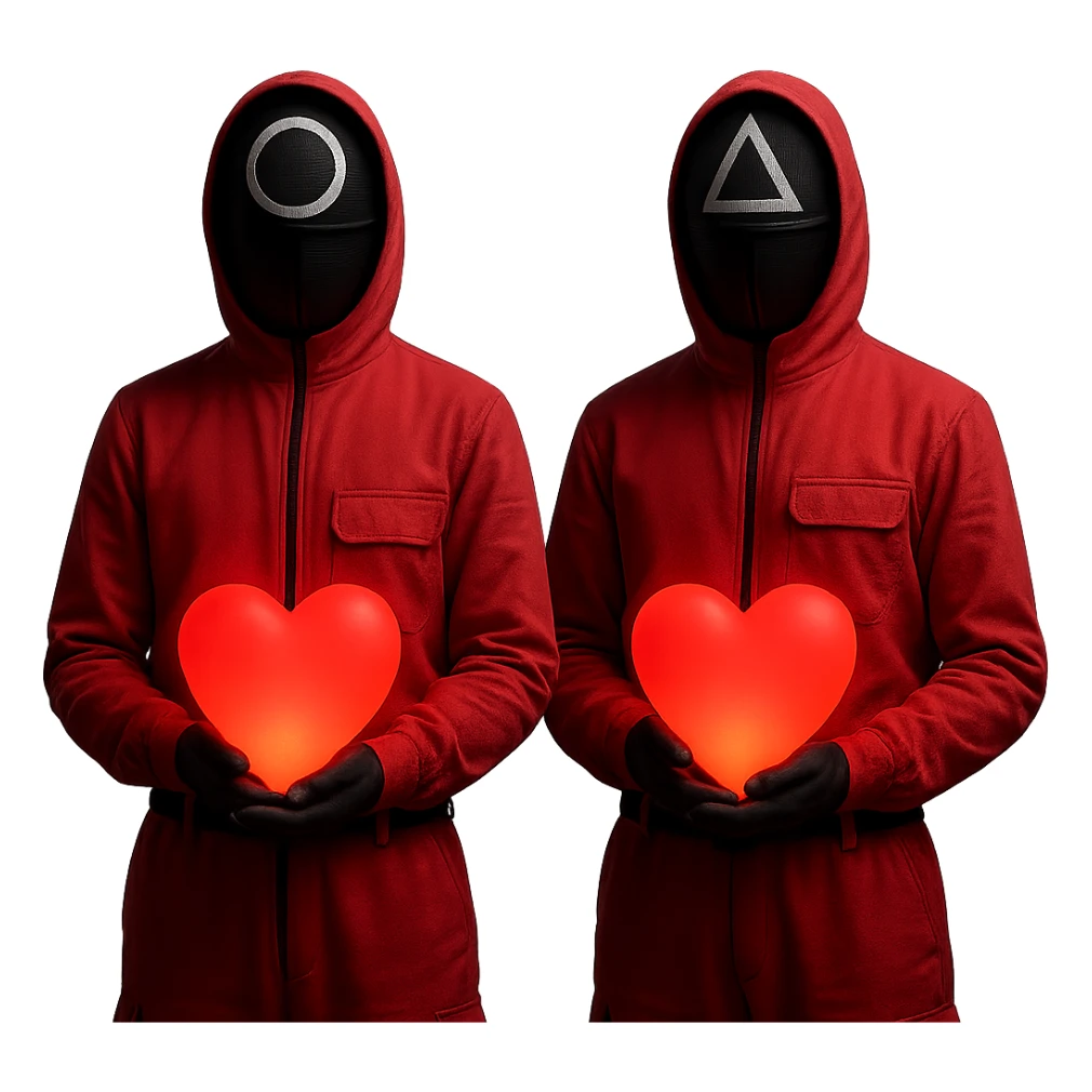 Edit the image of two masked guards from Squid Game series in pink jumpsuits, both holding large glowing red hearts that emit soft light. Keep the original style with minimal background and dramatic lighting. Remove the background entirely. sticker