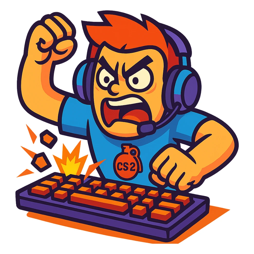CS2 rage, cartoon gamer smashing keyboard, vibrant colors sticker