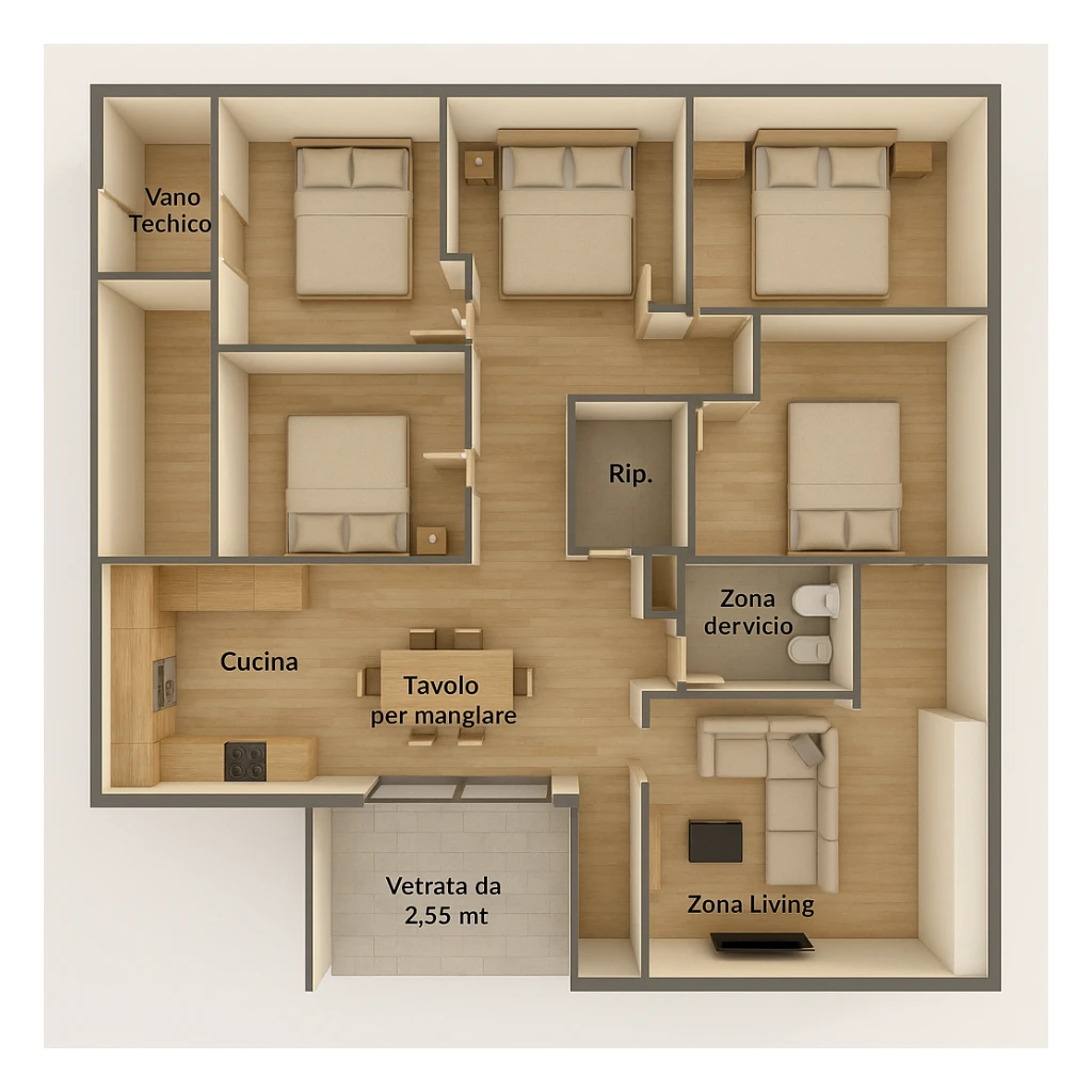 Create a realistic 3D floor plan of the same house shown in the provided blueprint. The house includes four bedrooms, two bathrooms, a kitchen, a living area, a storage room, a large glass window, a dining table, a sofa with TV, and a technical room. The view is from above, with a simple and clear architectural style to help better visualize the spaces. sticker
