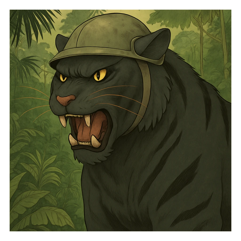 Add a lush jungle background behind the angry black tiger wearing a helmet, keep the original style and mood sticker