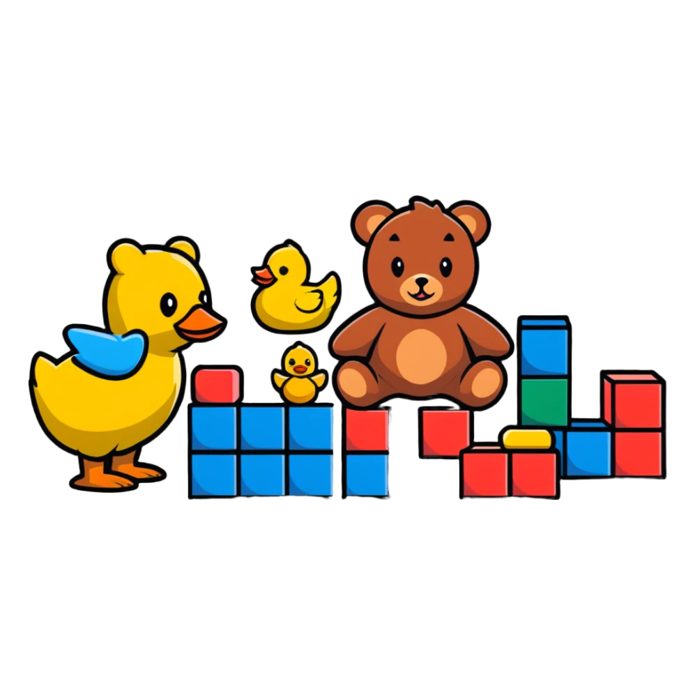 scattered children's toys on floor - teddy bear, rubber duck, blocks, ball, action figures sticker
