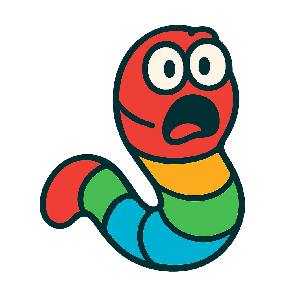 a gummy worm with a shocked expression, vibrant candy colors, playful sticker