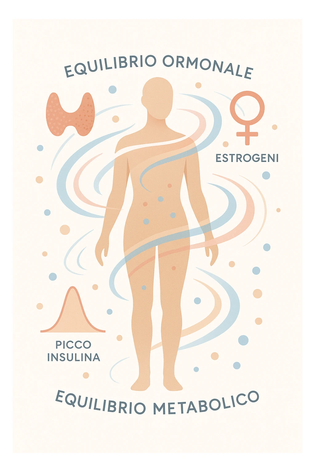 Il corpo è circondato da simboli delicati e bilanciati che rappresentano equilibrio ormonale e metabolico: piccoli cerchi, flussi energetici colorati, simboli stilizzati di tiroide, picco insulina, estrogeni. 4k immagine in italiano sticker